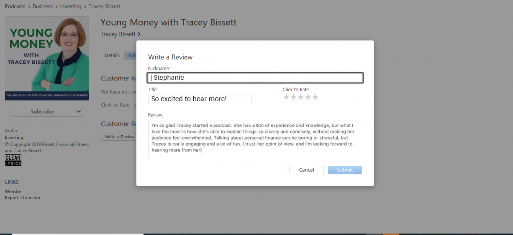 Leave a review for Young Money with Tracey Bissett